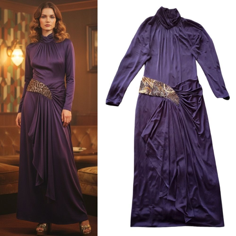 VTG 1982 Purple Mock Neck Beaded Waist Long Sleeve Gown *Fits like Medium
